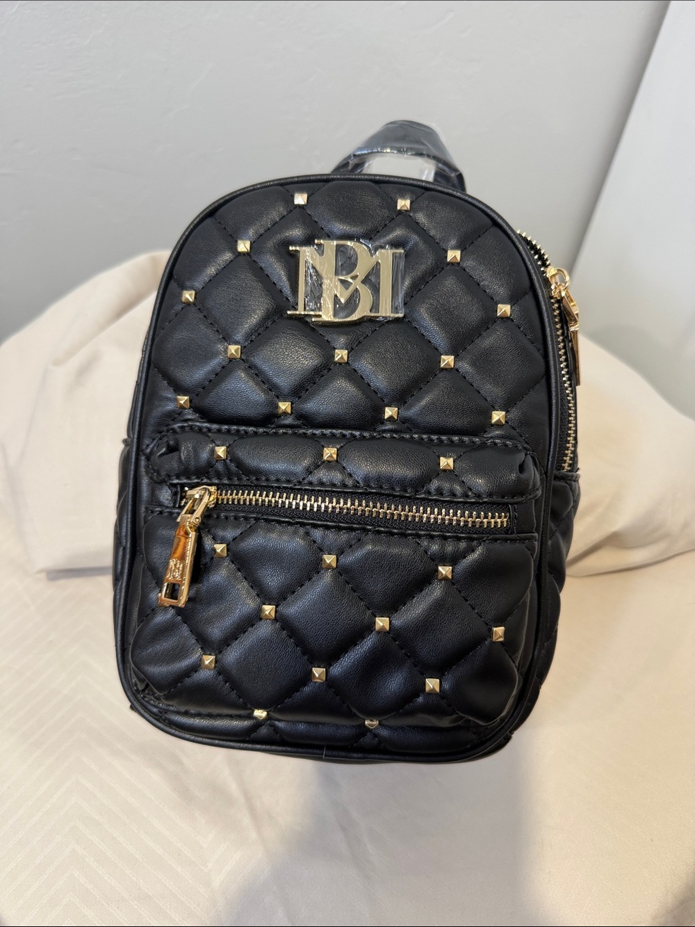 Badgley Mischka Black Quilted Mini Backpack with Gold Hardware